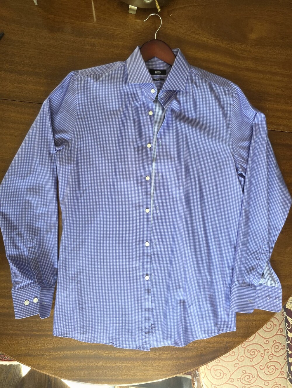 Hugo Boss Blue Gingham Sharp Fit Dress Shirt Size 16.5 L Slim